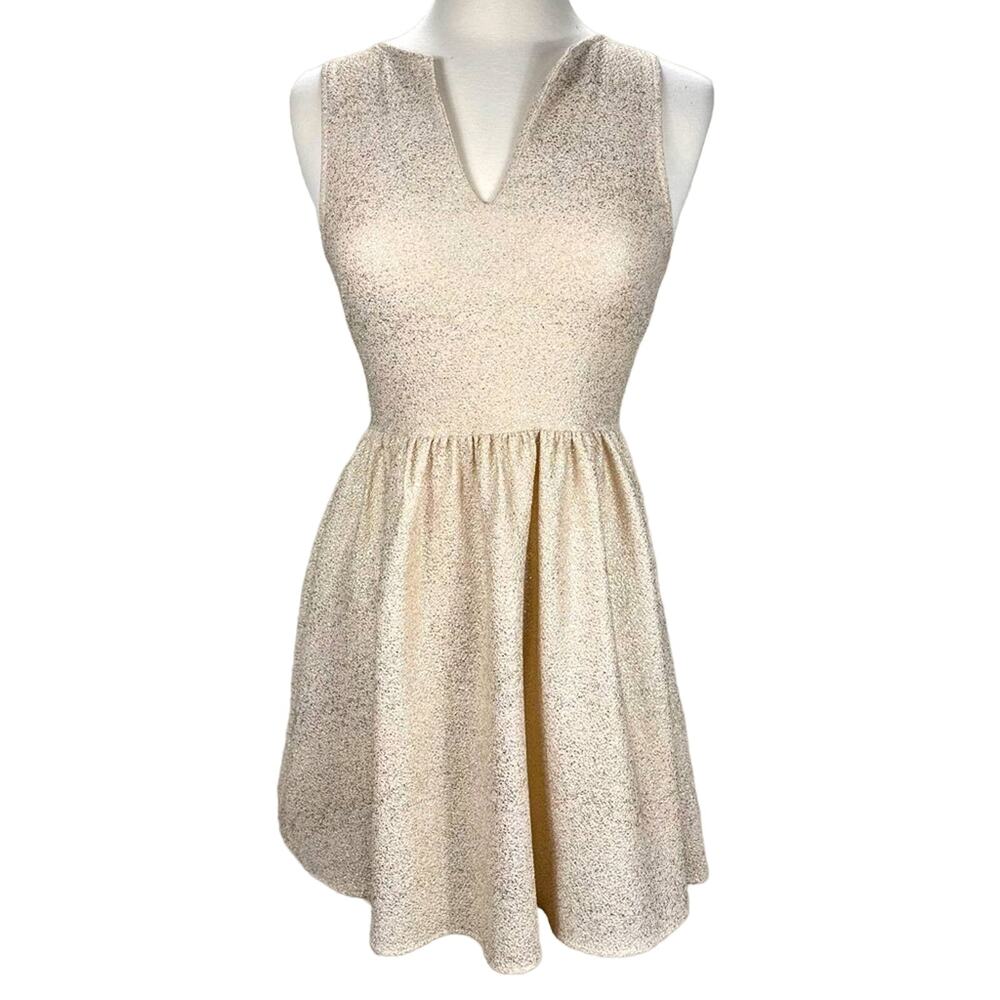 EVERLY Cream Gold Flake Mini‎ Sleeveless V-Neck A Line Stretch Dress Sz Small